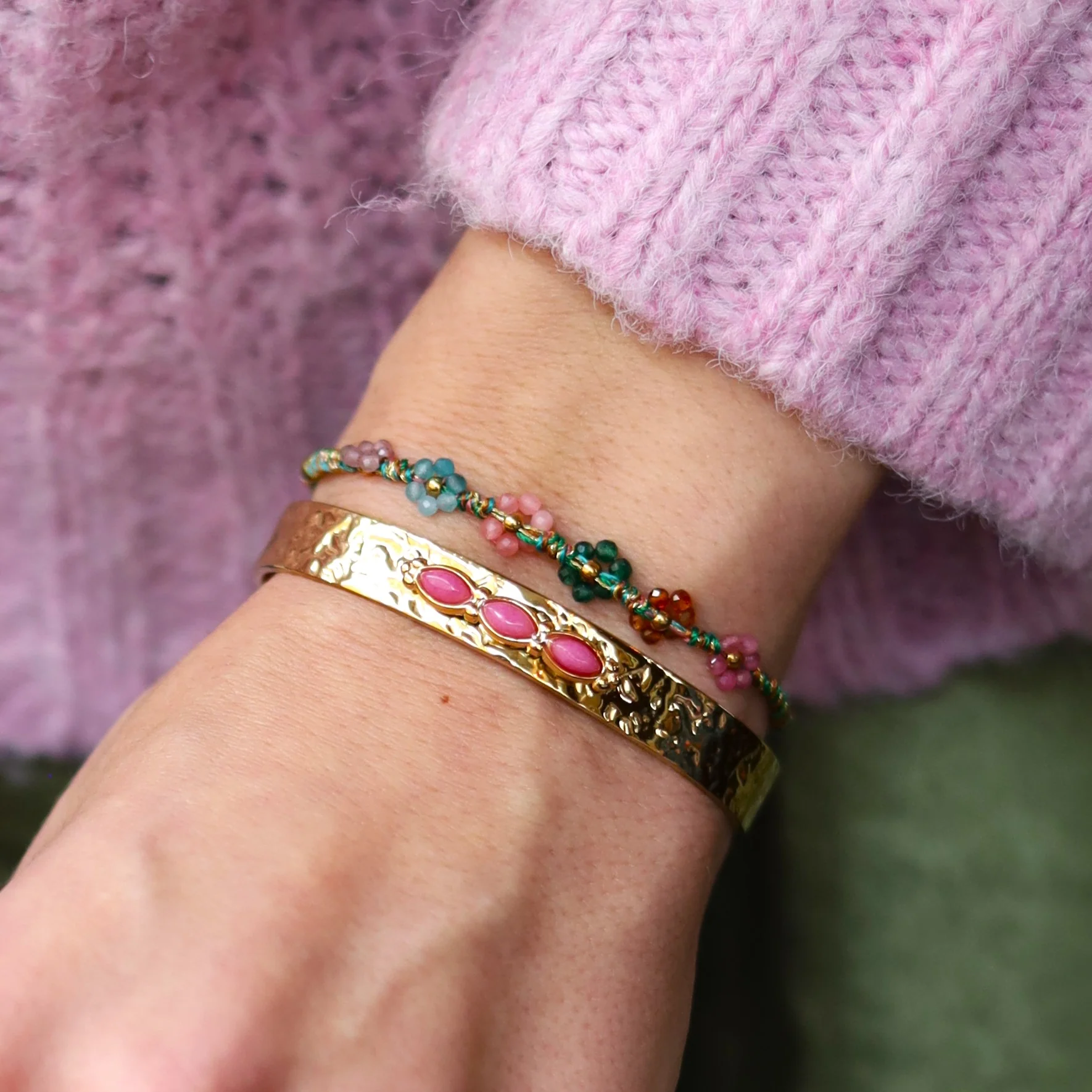 Stainless steel armband - bangle met cherry quartz - Image 2