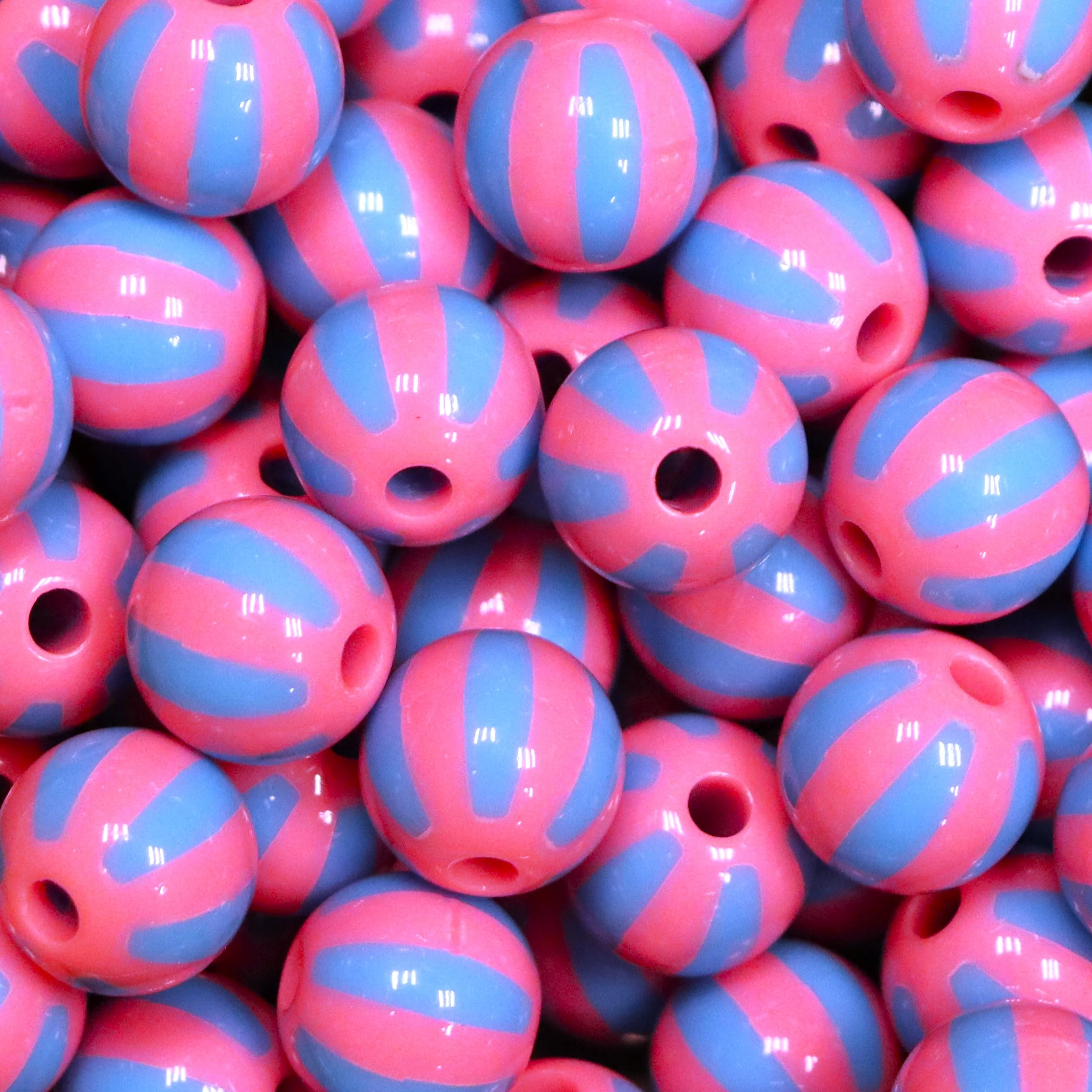 Funky ronde acryl kraal - gestreept roze/blauw