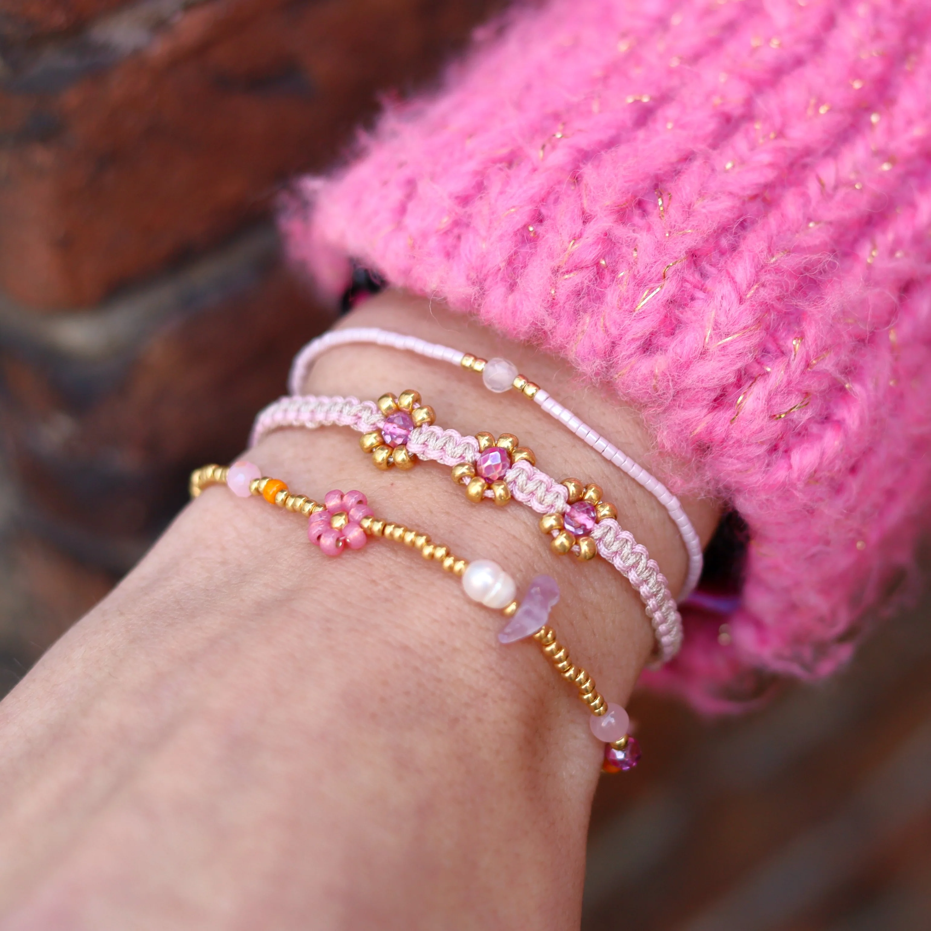 Geknoopte armband met bloemen - lichtroze - Image 2