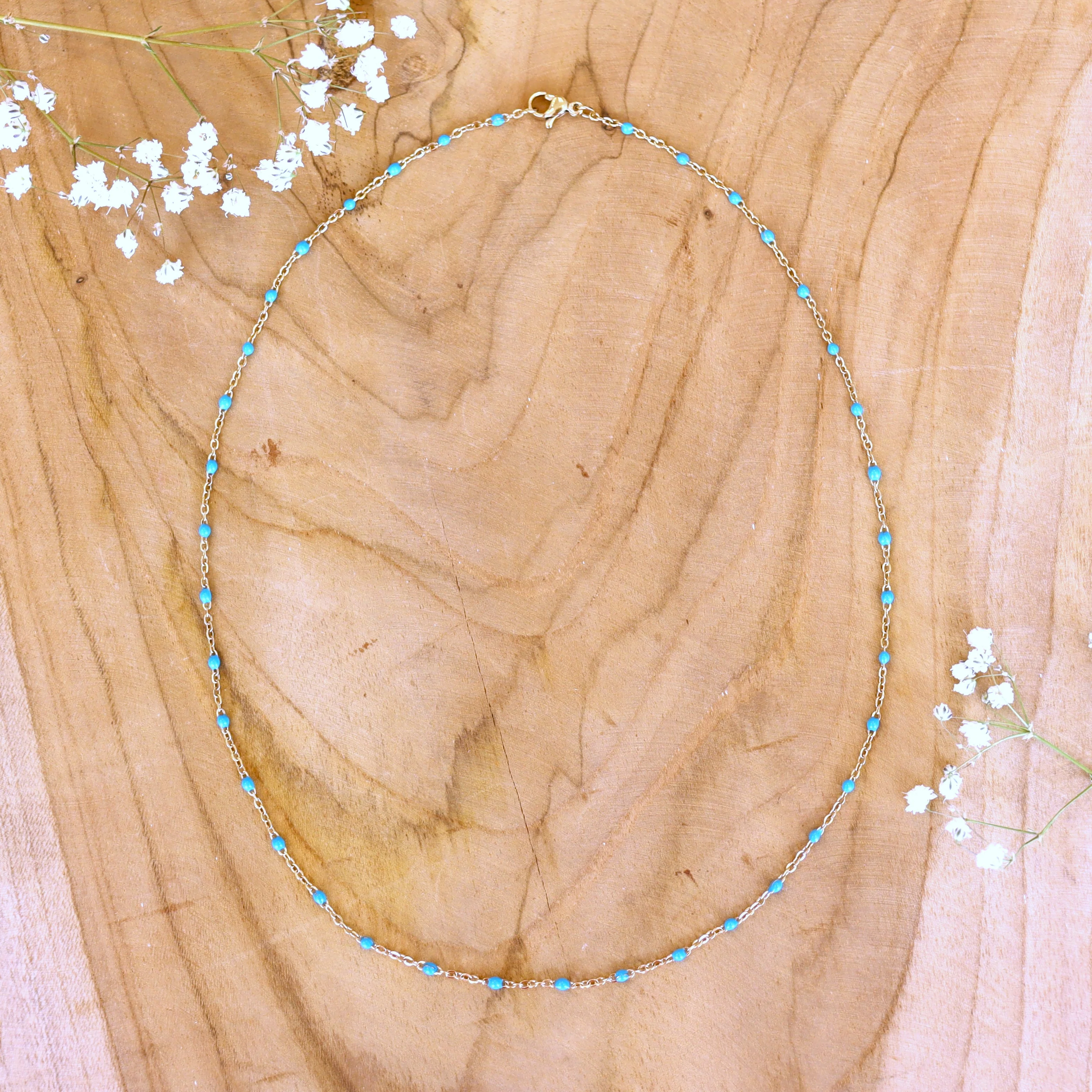 Ketting stainless steel - blauwe bolletjes