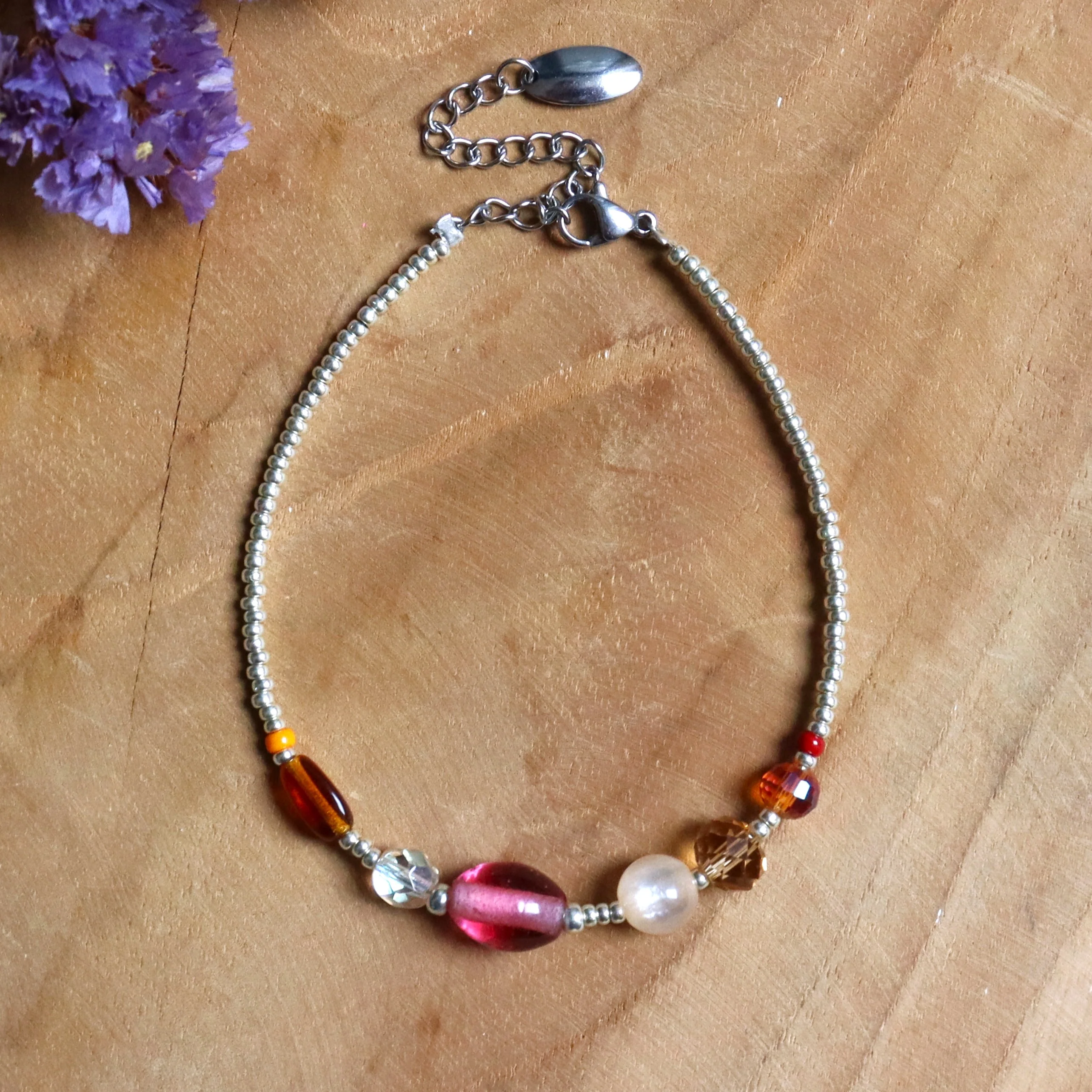 Armband - gekleurde glaskralen zilver