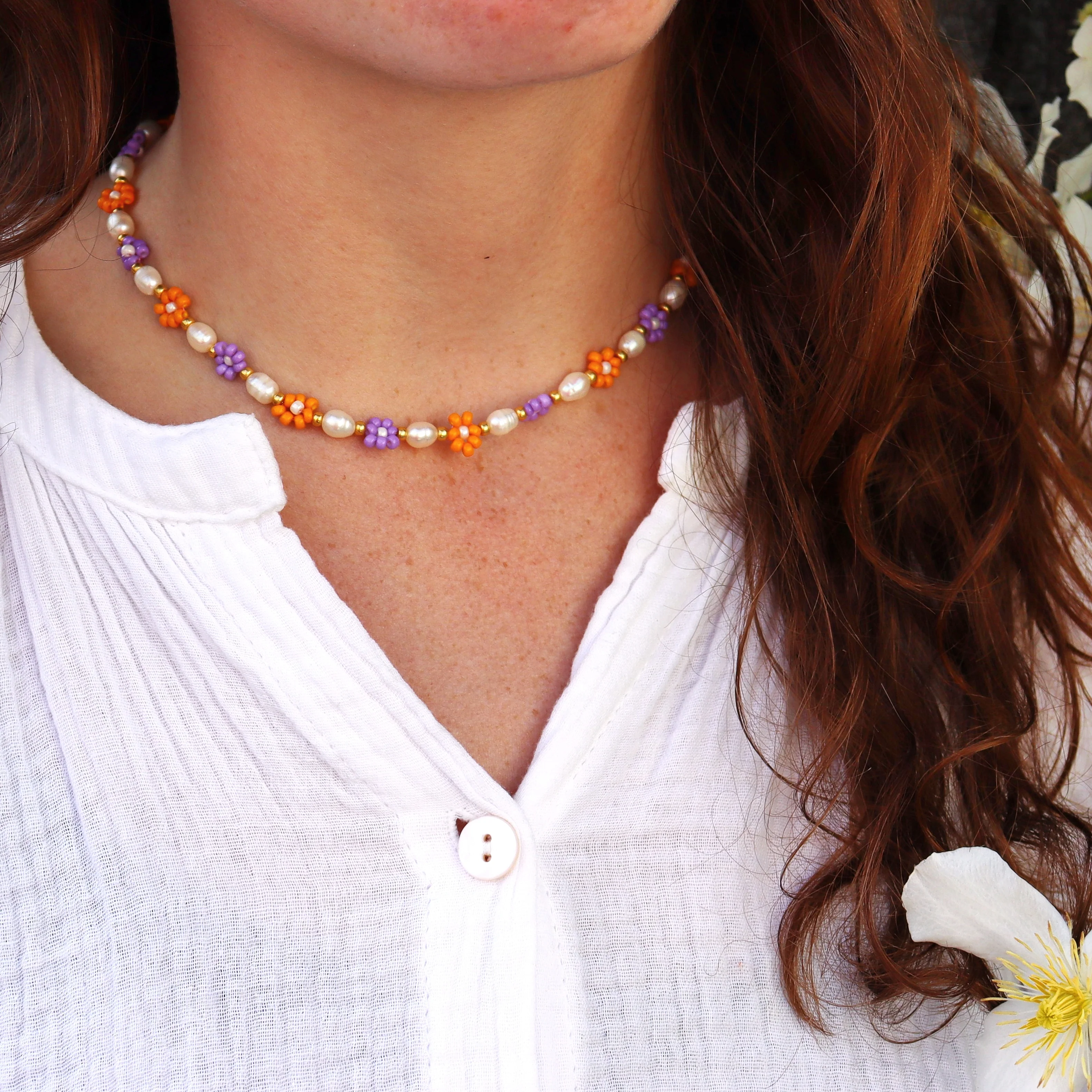 Kralenketting - lila en oranje Miyuki bloemen met zoetwaterparels - Image 2