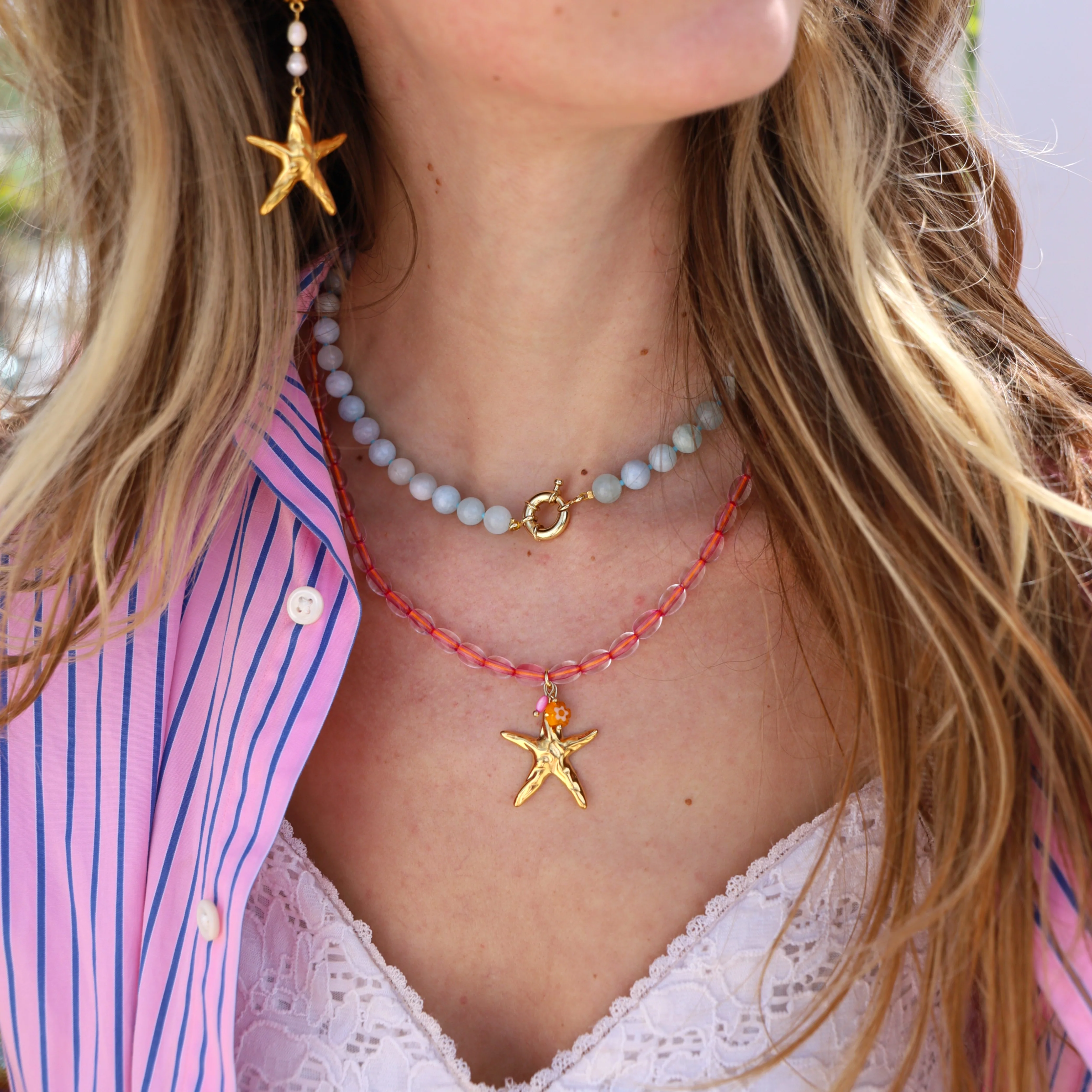 Kralenketting - roze met gouden zeesterbedel - Image 2