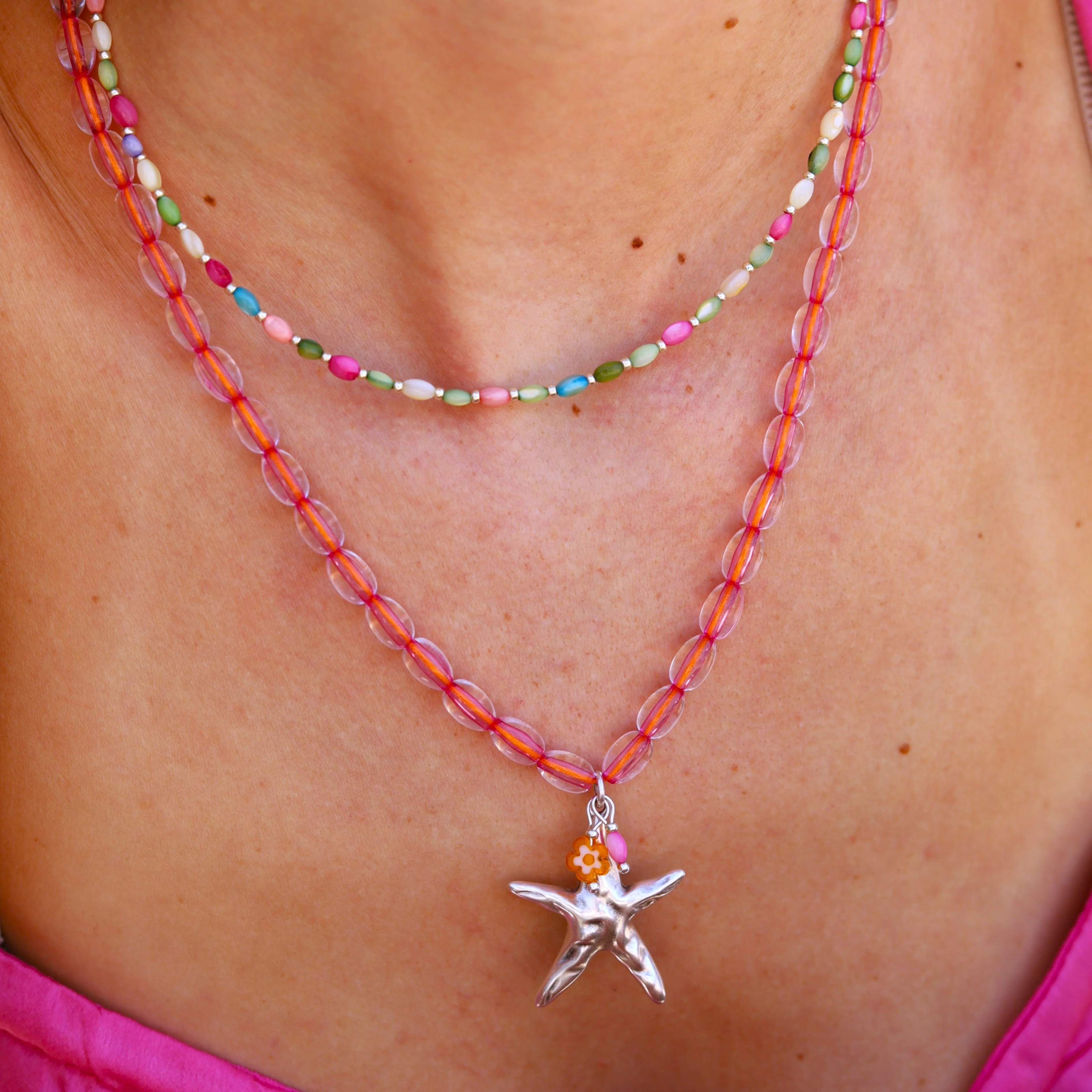 Kralenketting- roze met zilveren zeesterbedel - Image 2