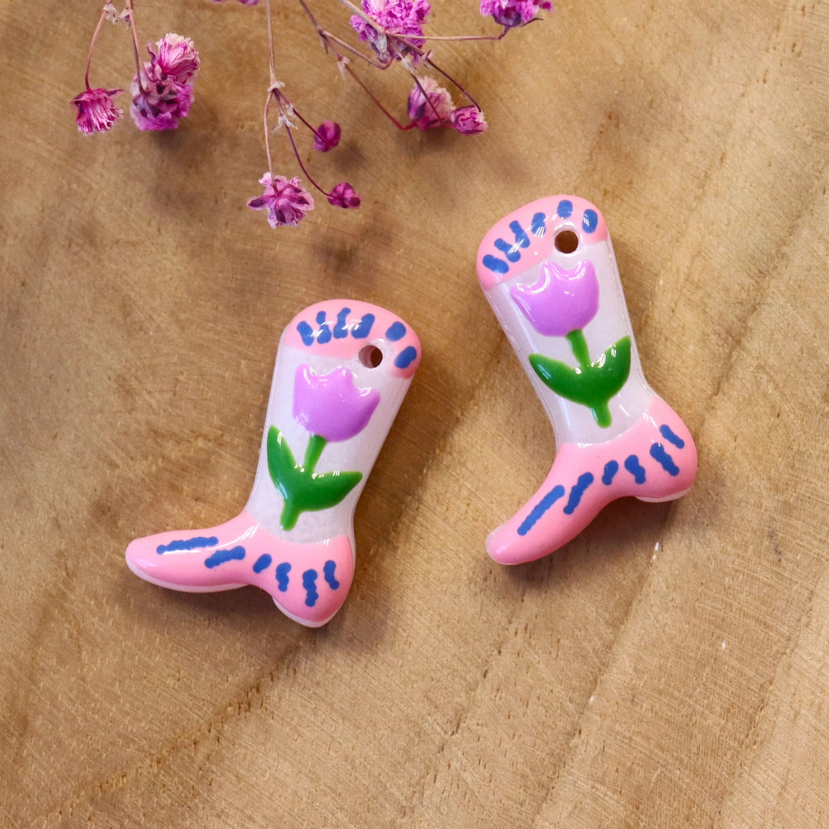 Lampwork cowboylaars - roze met tulpjes