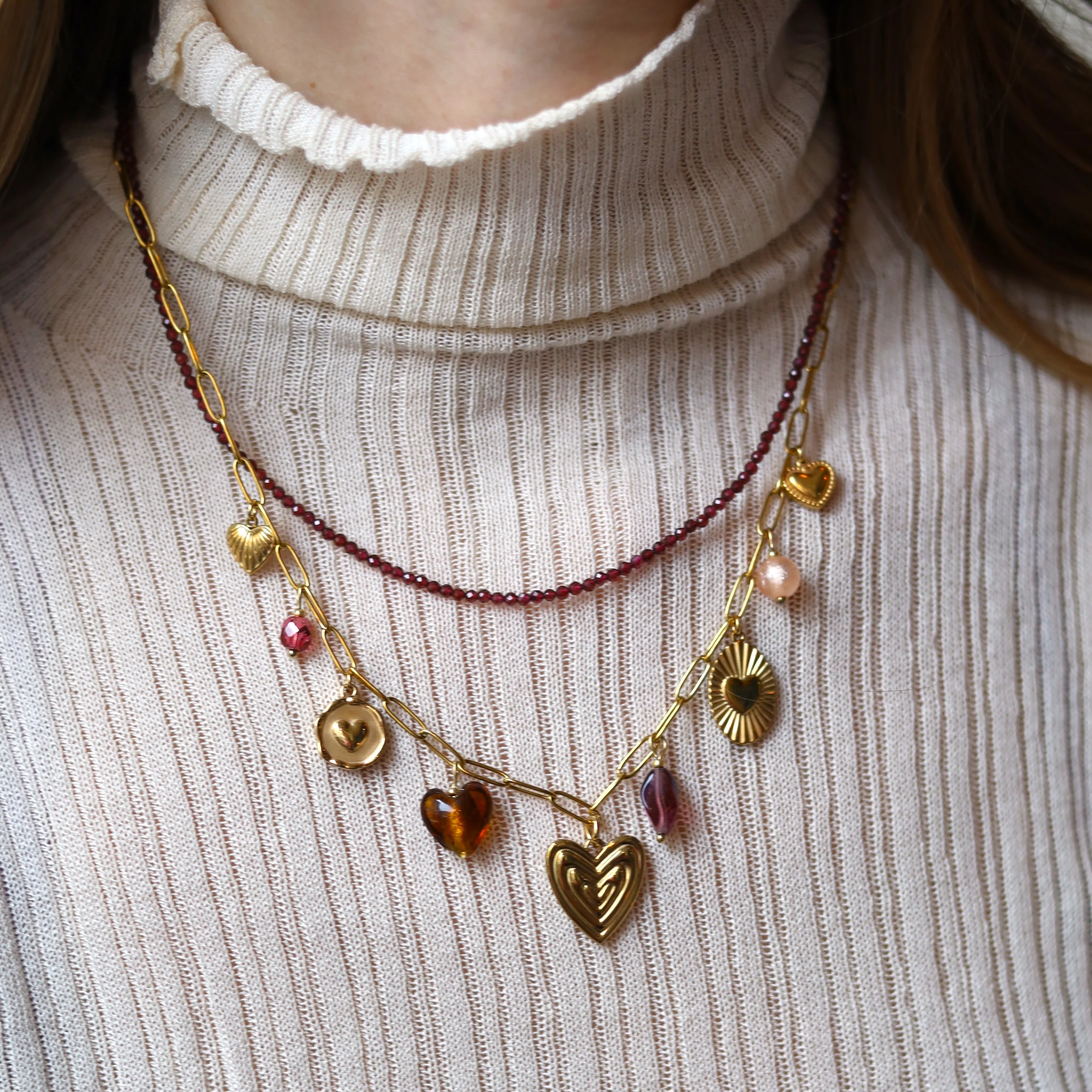 Stainless steel bedelketting - met glaskralen goud - Image 3
