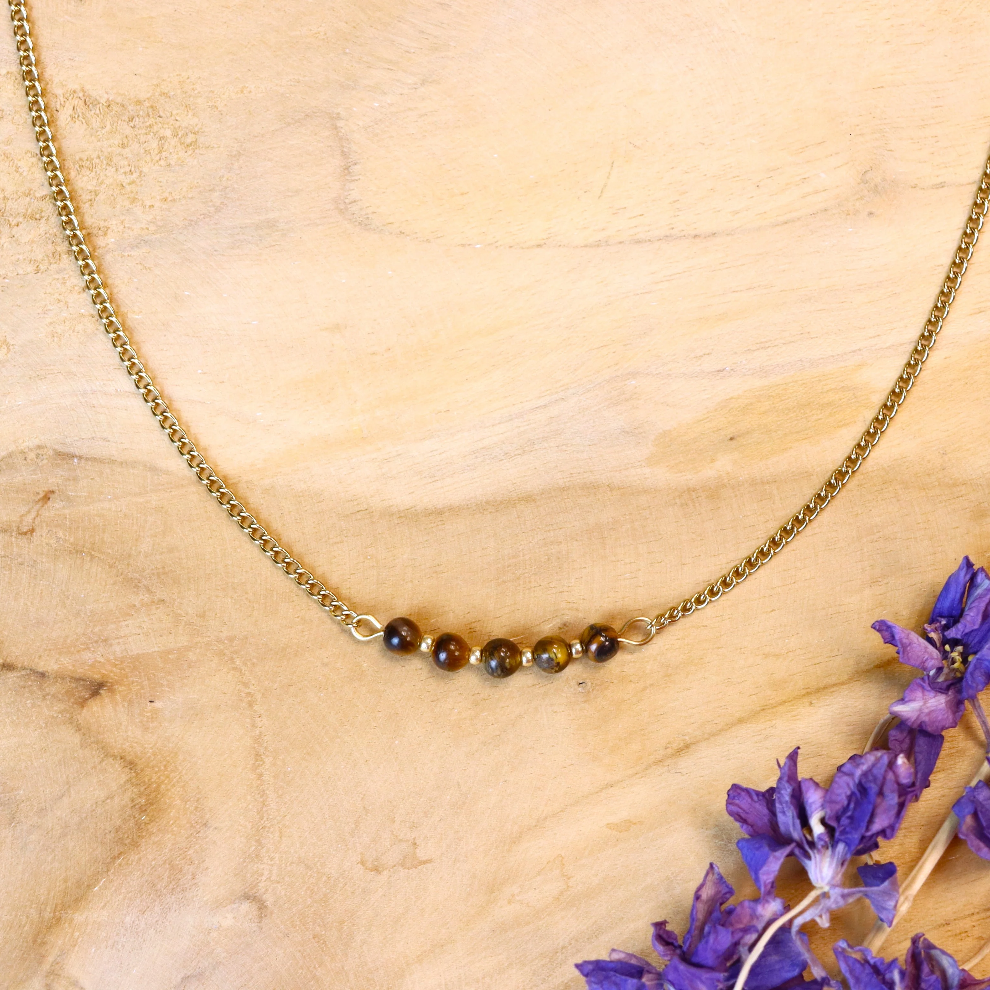 Stainless steel ketting goud - tijgeroog