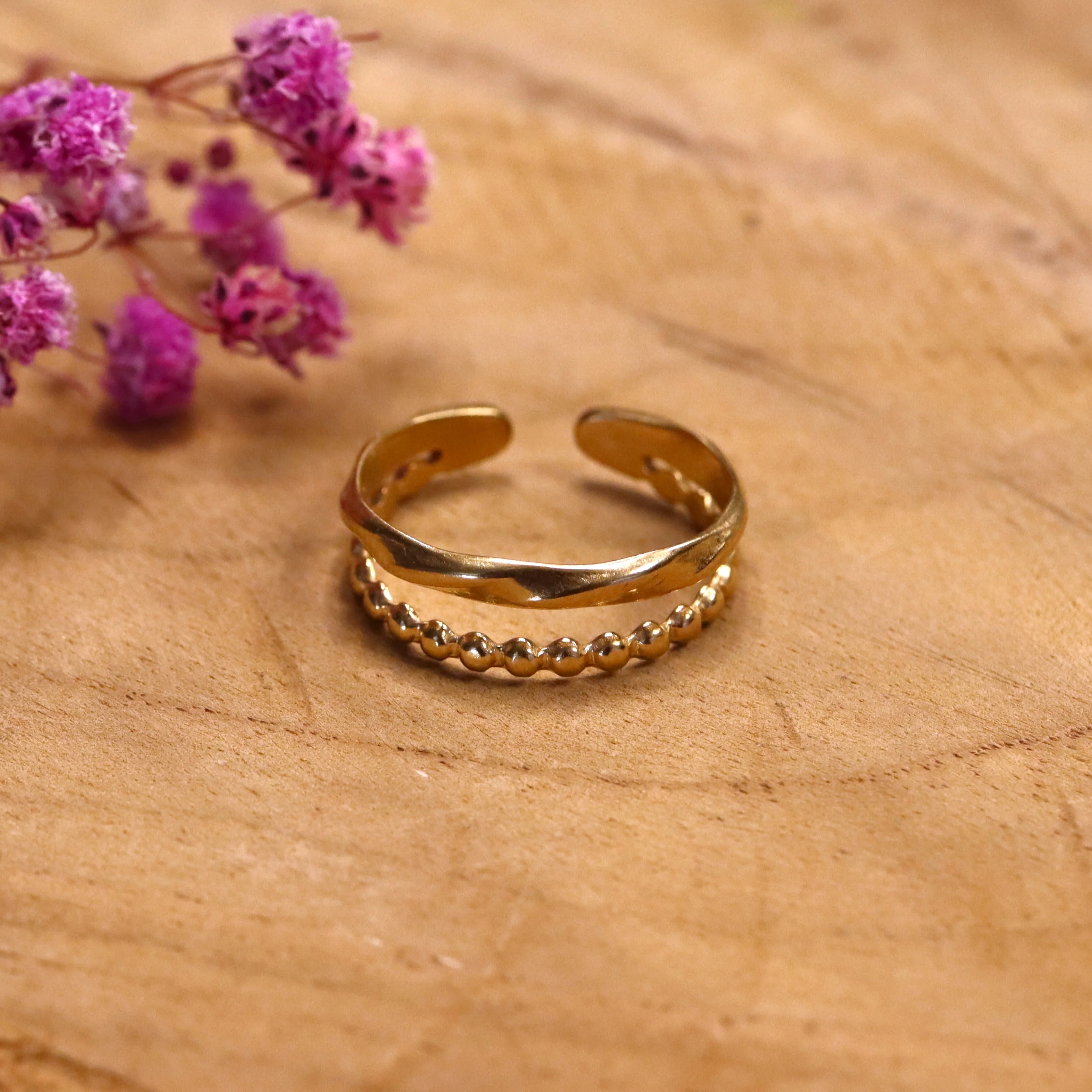 Stainless steel ring goud - golf en bolletjes