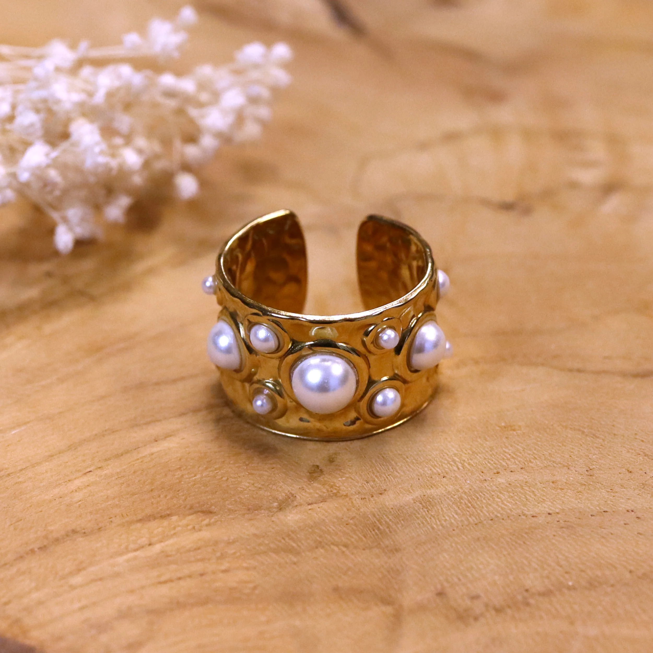 Stainless steel ring goud - met parels