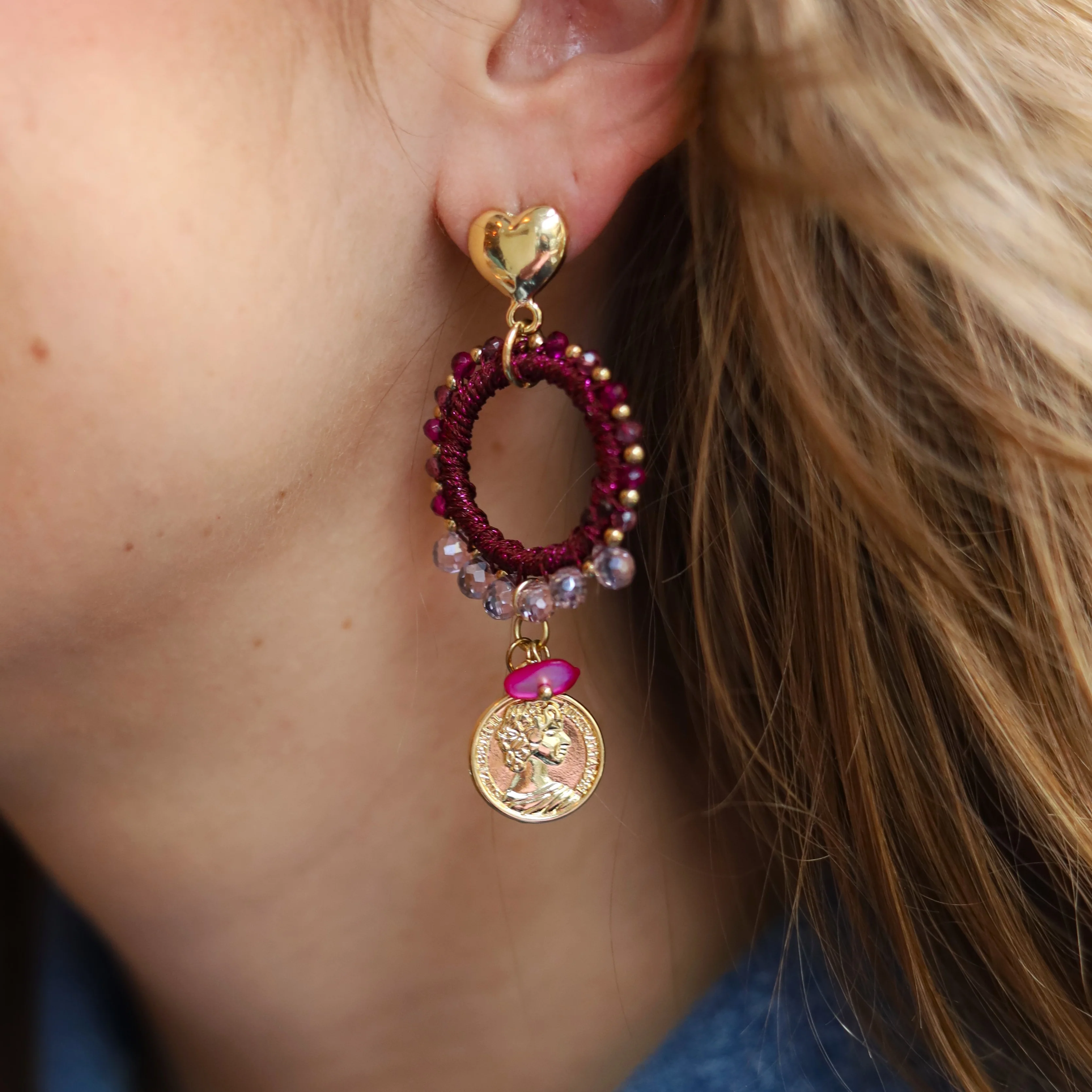 Statement oorbellen - met hart en munt burgundy - Image 3