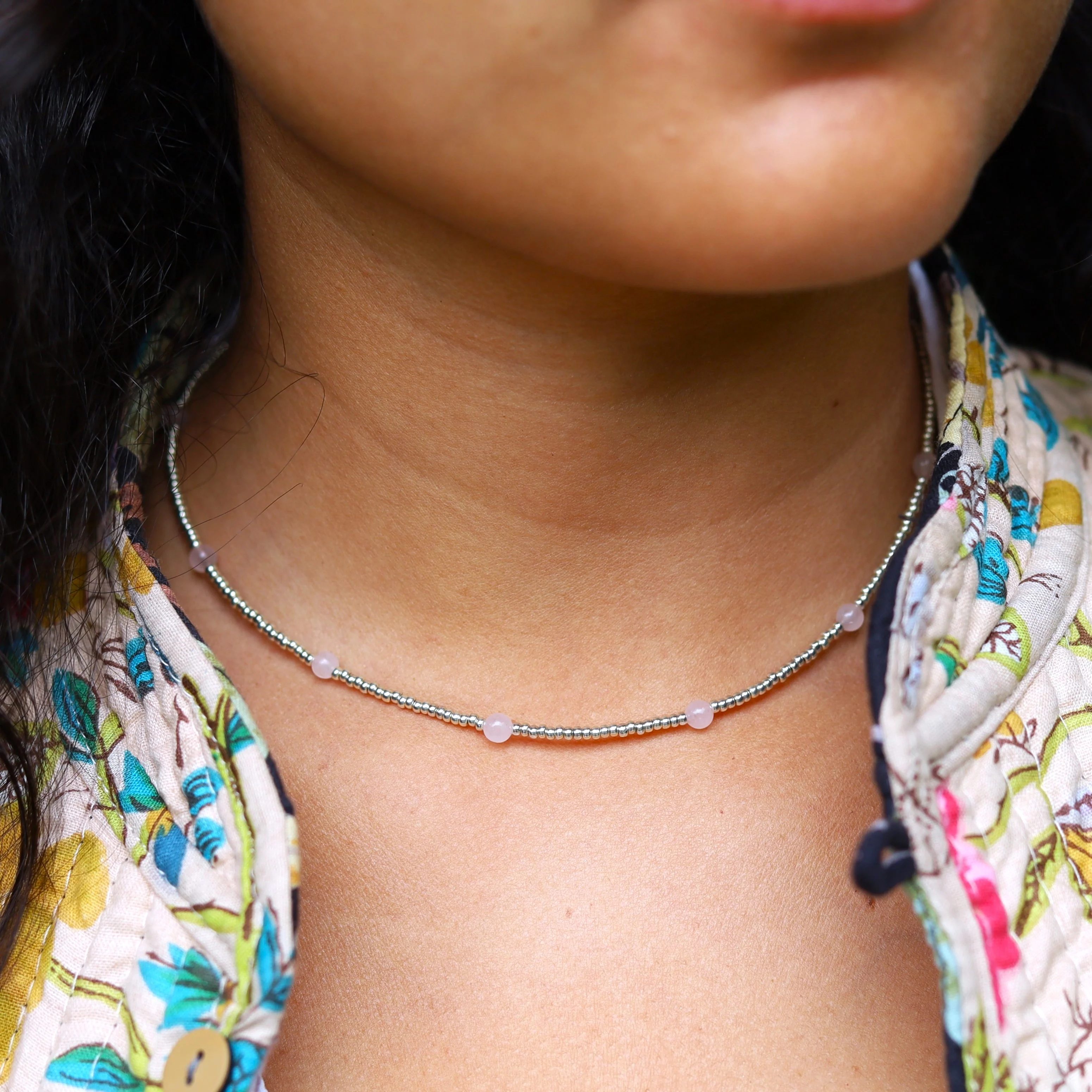 Zilveren kralenketting - rozenkwarts - Image 2