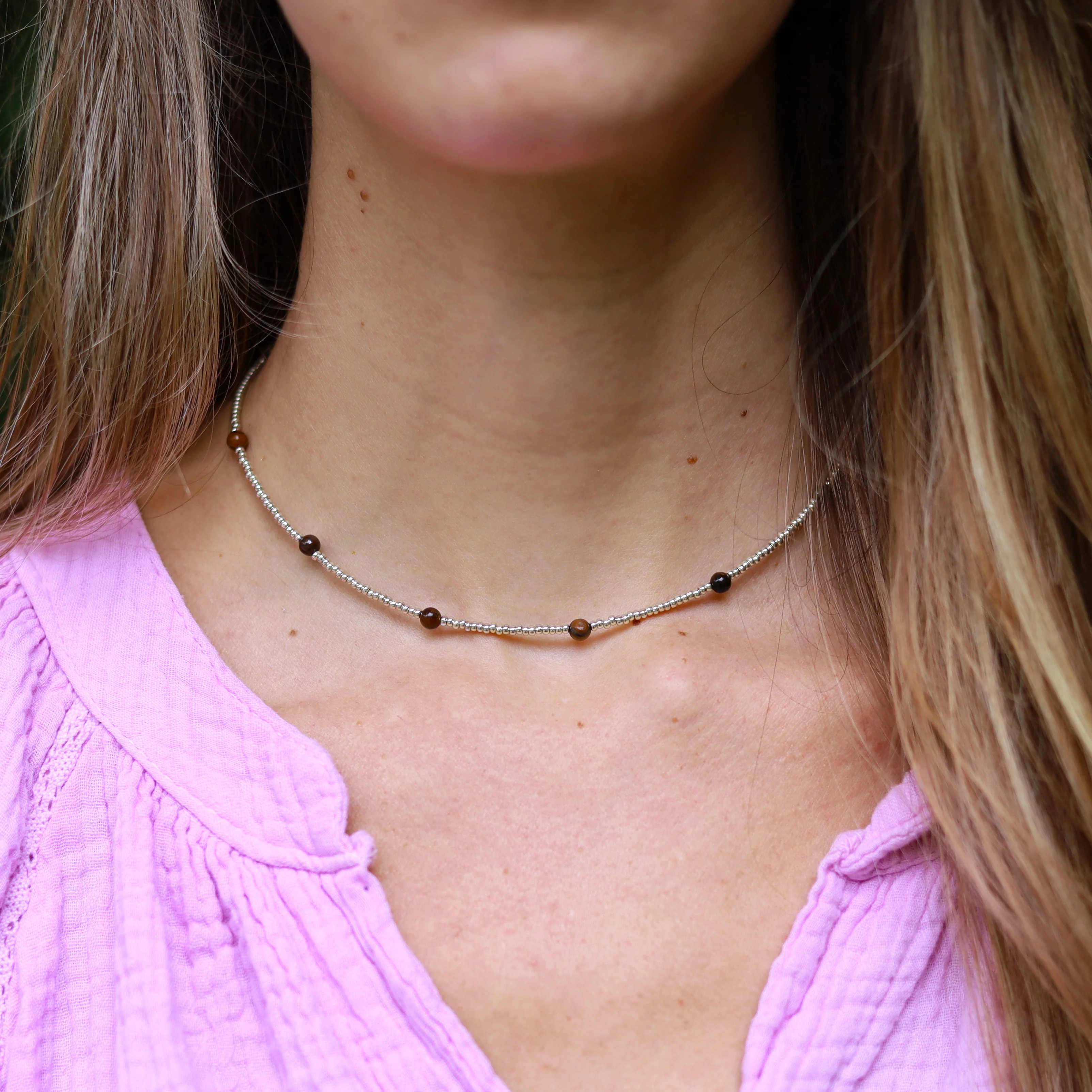 Zilveren kralenketting - tijgeroog - Image 2