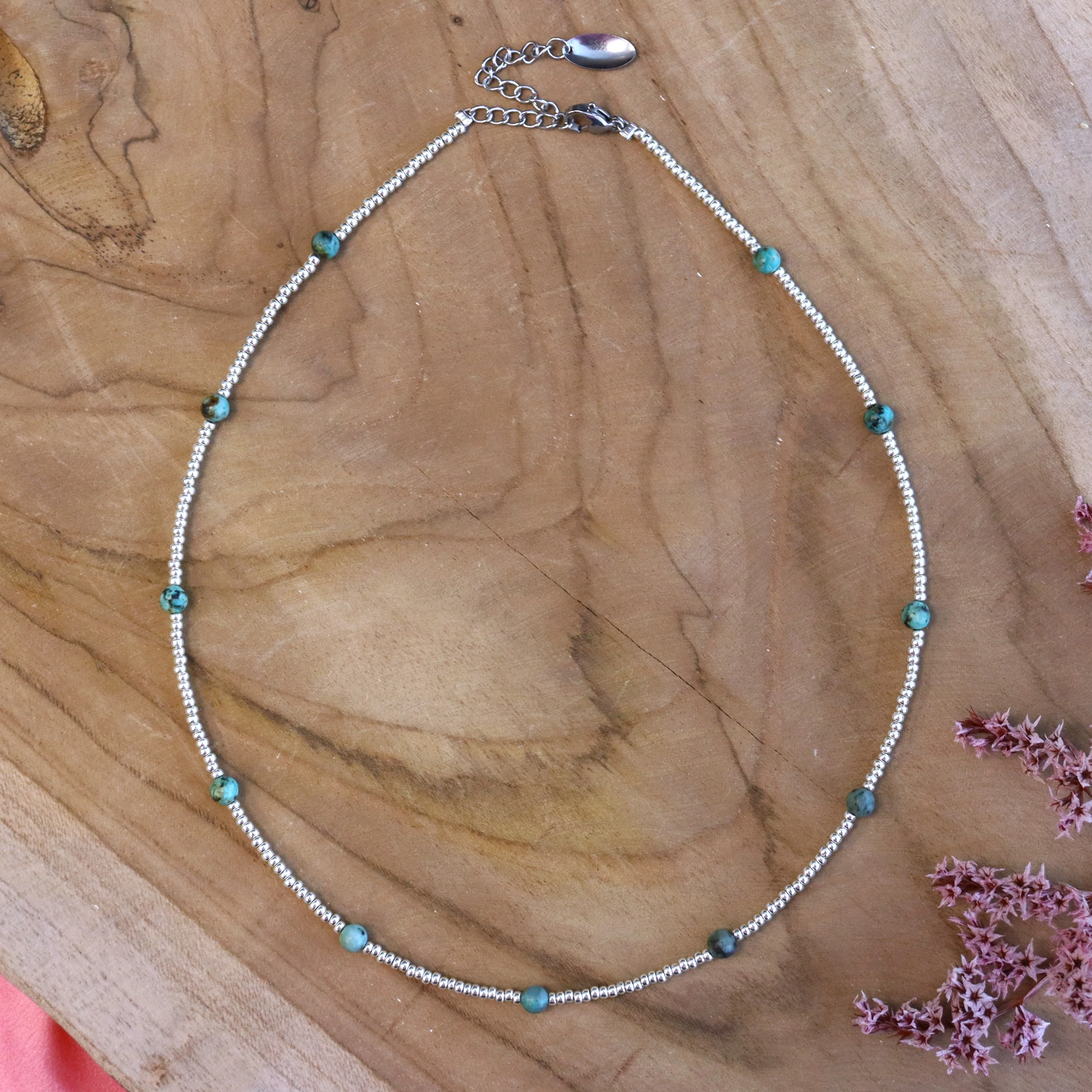 Zilveren kralenketting - turkoois